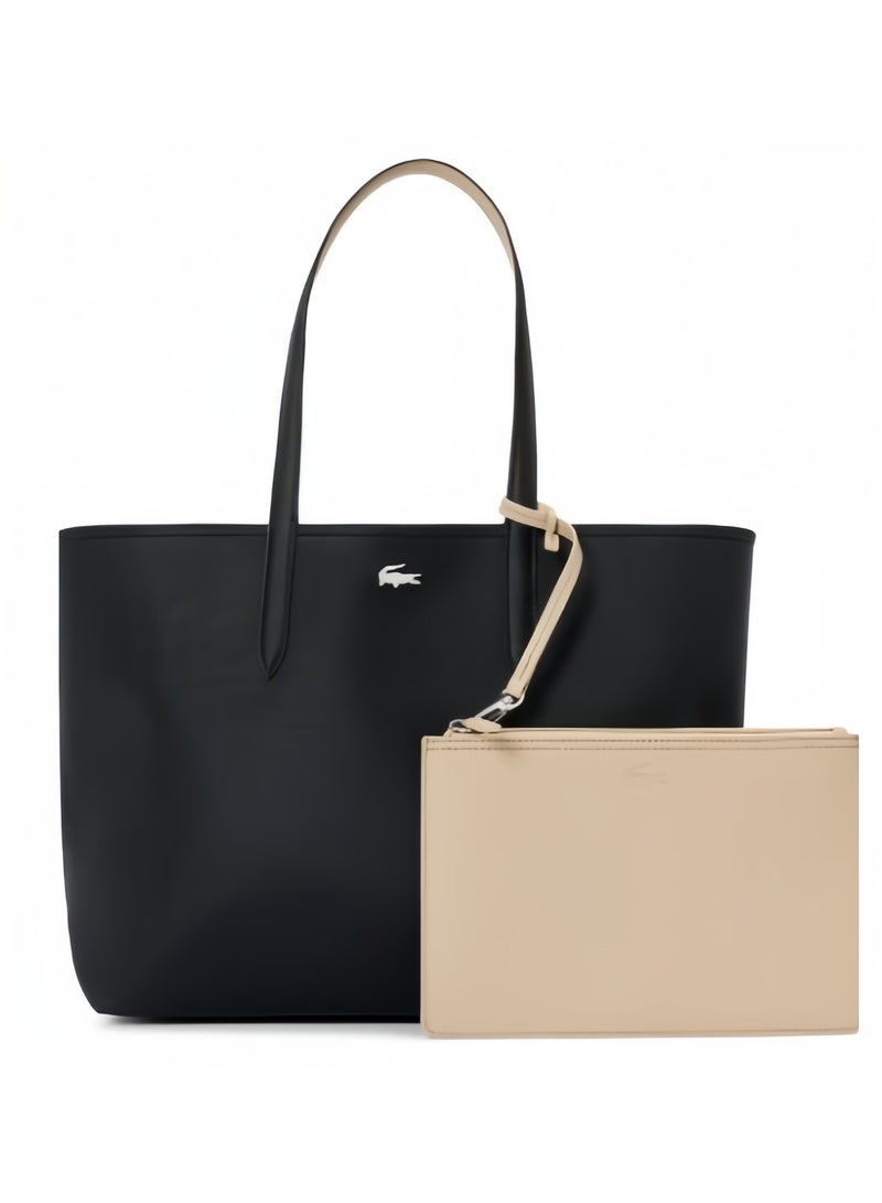 لاكوست حقيبة يد نسائية من لاكوست، مزدوجة الجوانب وذات لونين، كبيرة السعة، عصرية ومتعددة الاستخدامات، باللونين الأسود/البيج - Image 1