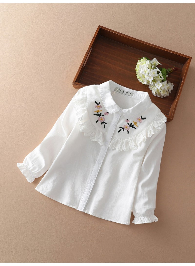 KUYEEBEAR Girls' White Floral Embroidered Lace Peter Pan Collar Long Sleeve Shirt - Image 1