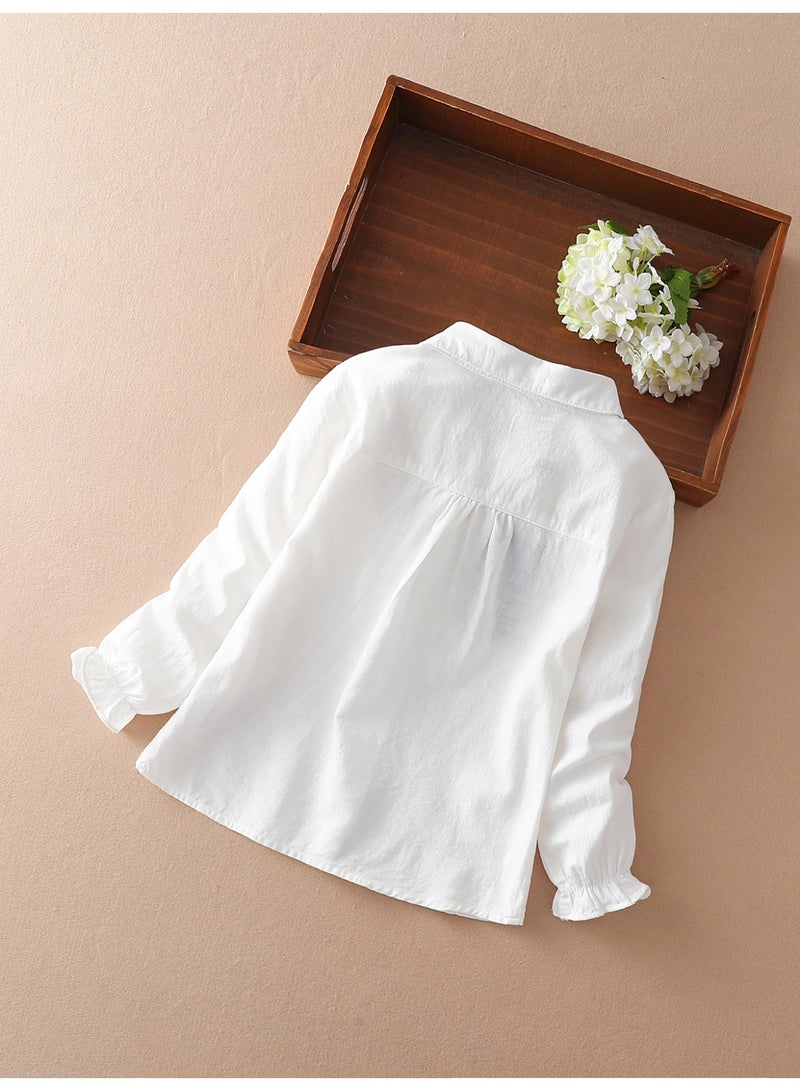 KUYEEBEAR Girls' White Floral Embroidered Lace Peter Pan Collar Long Sleeve Shirt - Image 2