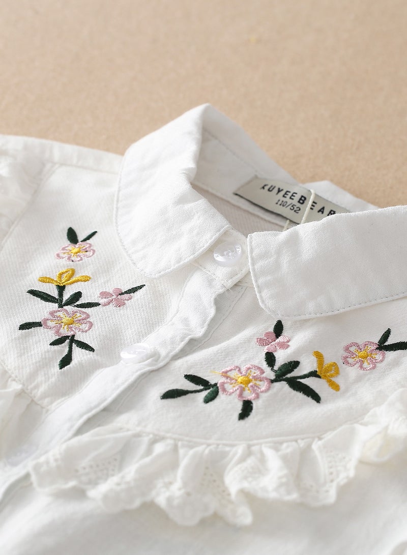 KUYEEBEAR Girls' White Floral Embroidered Lace Peter Pan Collar Long Sleeve Shirt - Image 3