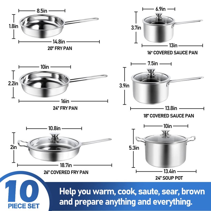 Aufranc 10-Piece Pots and Pans Set, Stainless Steel Cookware Set- Includes Ergonomic Handle Saucepans, Skillets, Dutch Oven, Stockpot, Steamer & More - Premium Pots and Pans for Home Chefs - Image 2