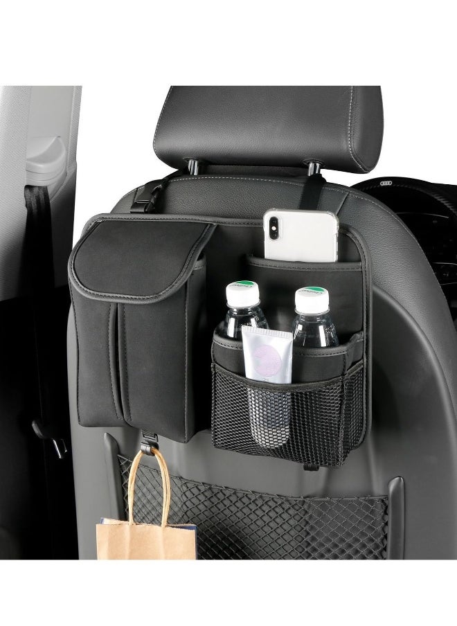 Car Back Seat Organizer, Multi-Pockets Leather Automotive Organizer with Tissue Box, Durable Hanging Front Seat Storage Box with Hooks, Universal Vehicle Travel Accessories (Black)