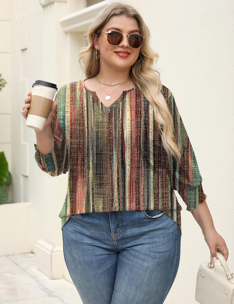 Rapbin Plus Size 3/4 Sleeve Tops for Women Half Sleeve Shirts Dressy Casual V Neck Office Blouse Summer Fashion 2025 (Colorful Stripes 3XL) - Image 3