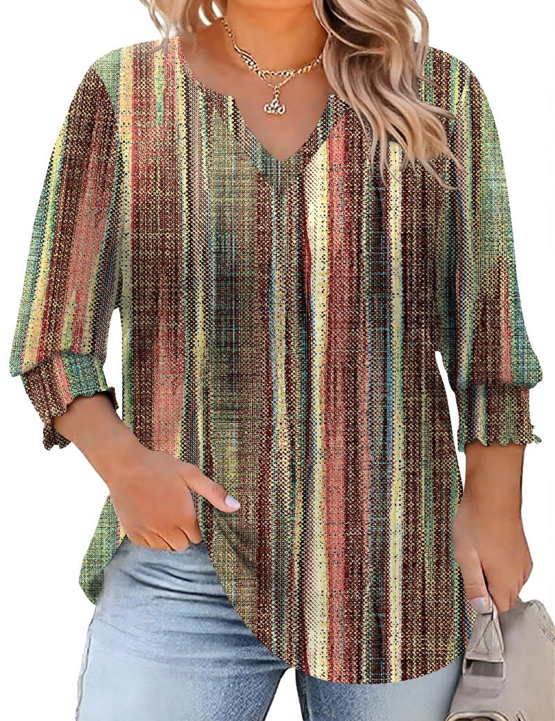 Rapbin Plus Size 3/4 Sleeve Tops for Women Half Sleeve Shirts Dressy Casual V Neck Office Blouse Summer Fashion 2025 (Colorful Stripes 3XL) - Image 1