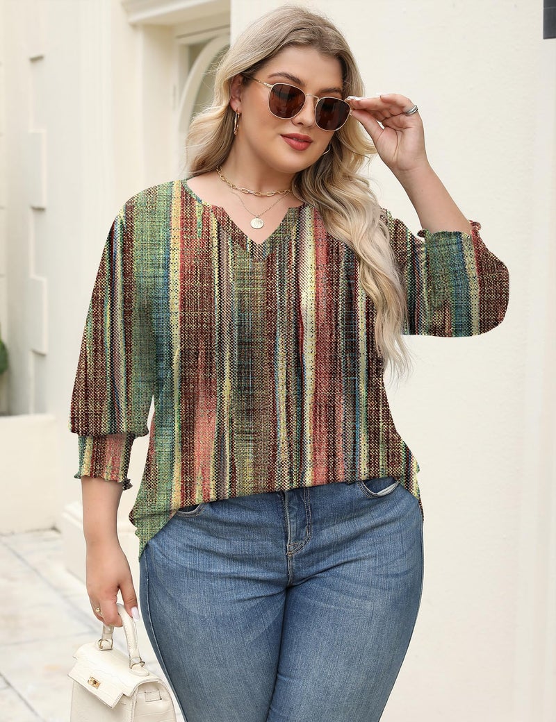 Rapbin Plus Size 3/4 Sleeve Tops for Women Half Sleeve Shirts Dressy Casual V Neck Office Blouse Summer Fashion 2025 (Colorful Stripes 3XL) - Image 5