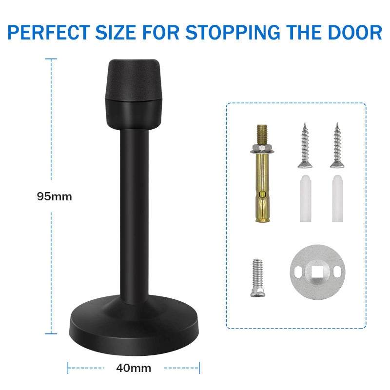 JZS Door Stops, Brushed Satin Door Stopper Mute Solid Rigid Door Stop with No Odor Rubber Tip, Heavy Duty Nickel Rubber Door Holder, Black Doorstops (2 Pack, Black, 9.5CM) - Image 3