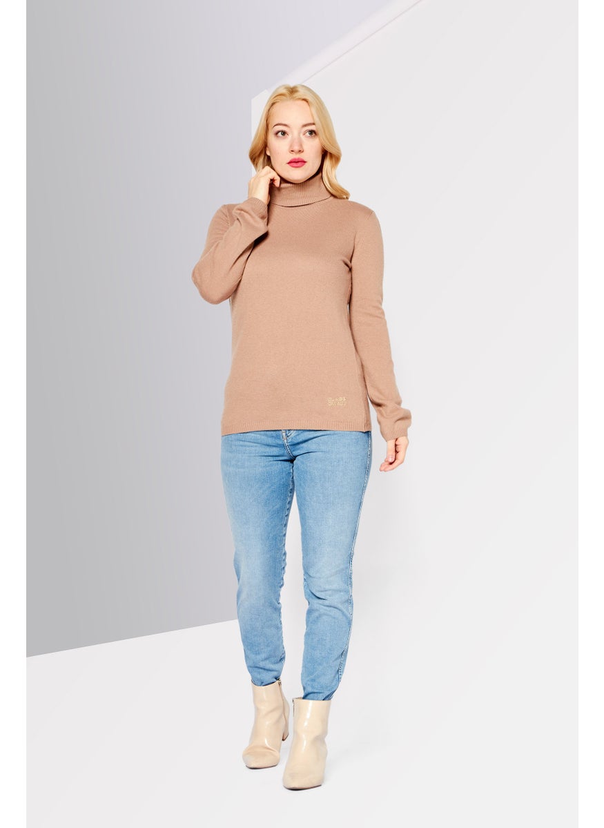 Cavalli Class Women High Neck Long Sleeve Brand Logo Sweater, Tan  - Image 2