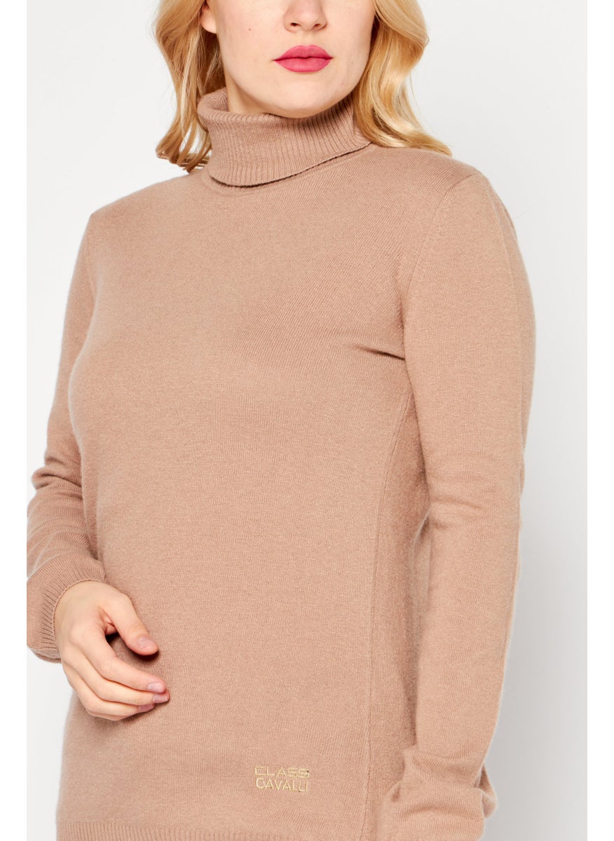 Cavalli Class Women High Neck Long Sleeve Brand Logo Sweater, Tan  - Image 3