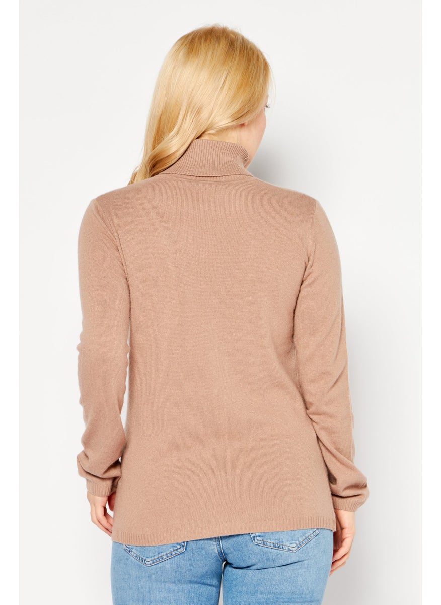 Cavalli Class Women High Neck Long Sleeve Brand Logo Sweater, Tan  - Image 4