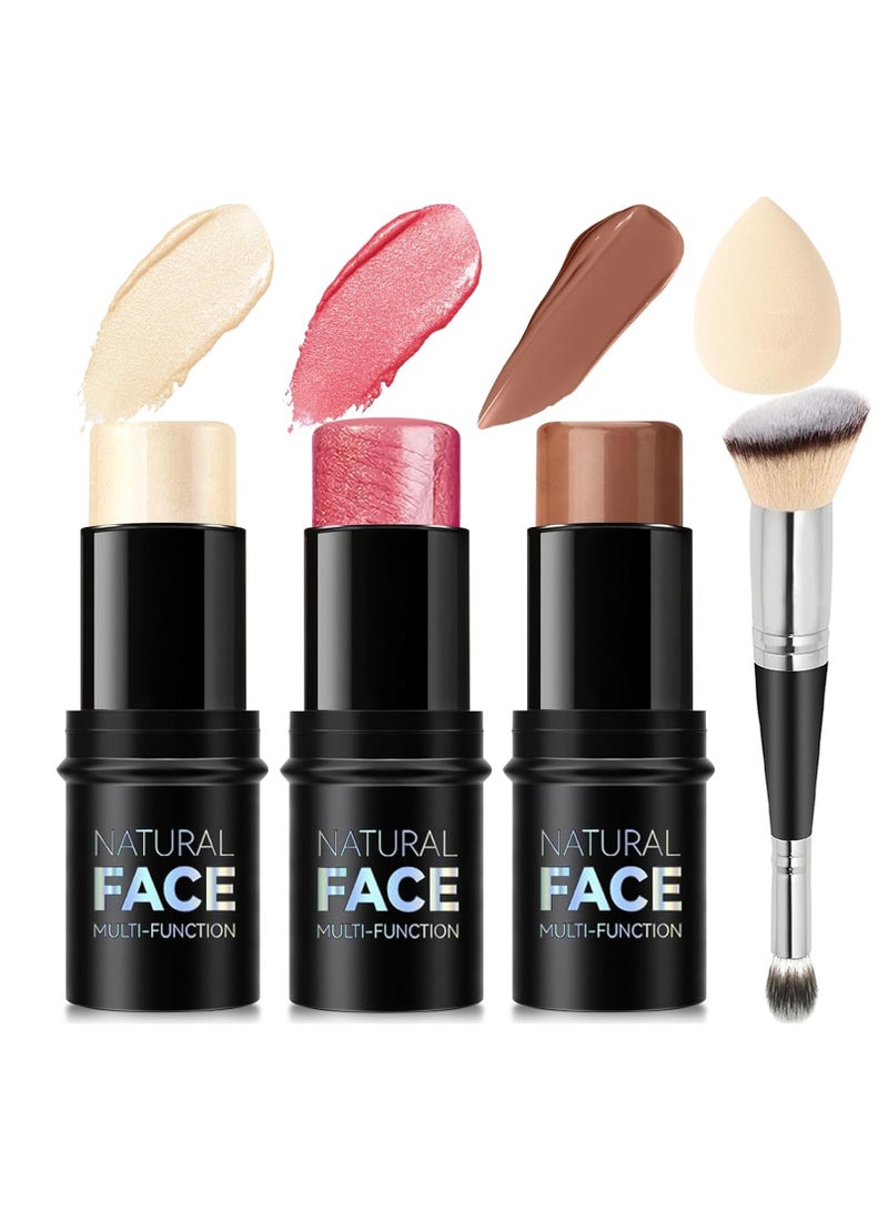 Natural 3Pcs Cream Contour Stick Makeup Kit, Shades with Highlighter Stick, Blush Stick and Bronzer Contour Stick for Sculpt the Cheeks, Long Lasting, Waterproof, Matte & Dewy Finish (LIGHT) - Image 1
