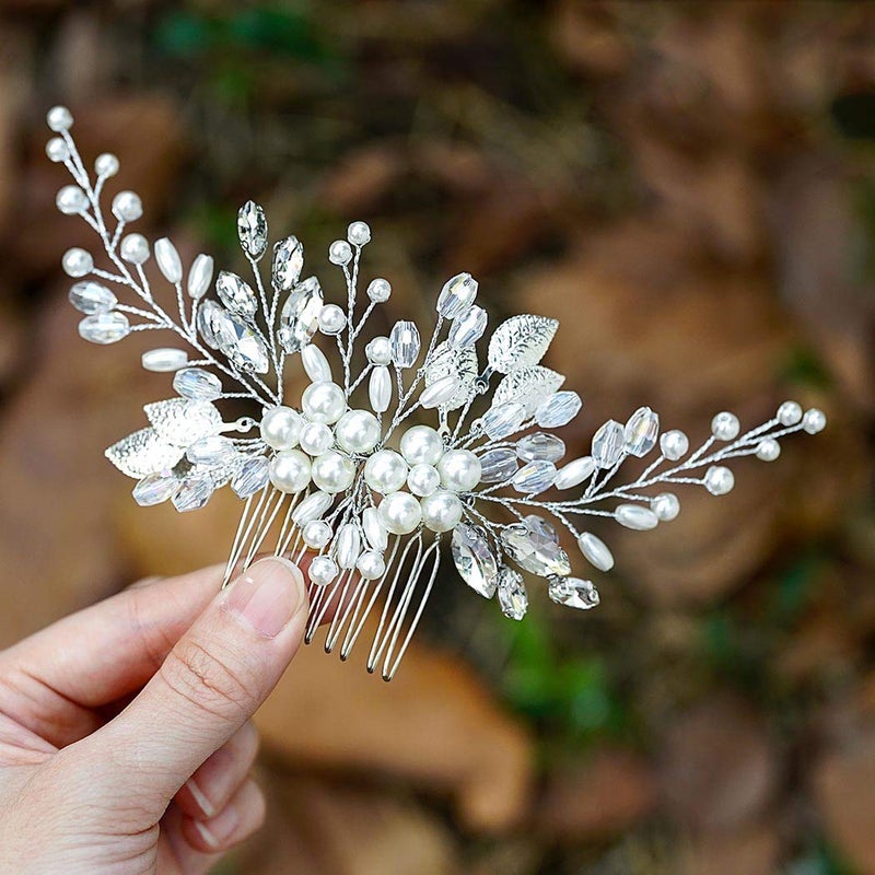 Yean Bride Leaf Bridal Hair Comb Pearl Wedding Hair Piece Rhinestone Hair Accessories for Women and Girls Silver