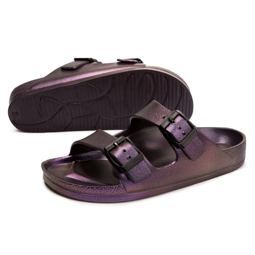 FUNKYMONKEY Women's Comfort Slides Double Buckle Adjustable EVA Flat Sandals (9 M US, Variation Purple) - Image 4