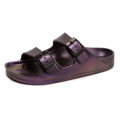 FUNKYMONKEY Women's Comfort Slides Double Buckle Adjustable EVA Flat Sandals (9 M US, Variation Purple) - Image 1