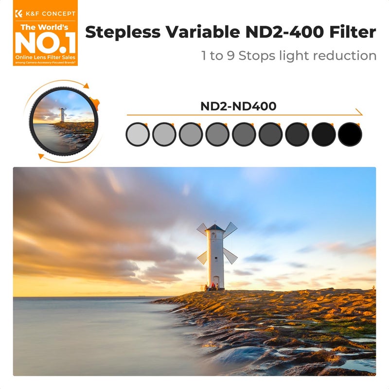 K&F CONCEPT 67mm Ultra-Low Reflectivity Putter Variable ND Filter ND2-ND400 (1-9 Stops) 28 Multi-Layer Coatings AGC Glass Adjustable Neutral Density Camera Lens Filter (Nano-X Series) - Image 2