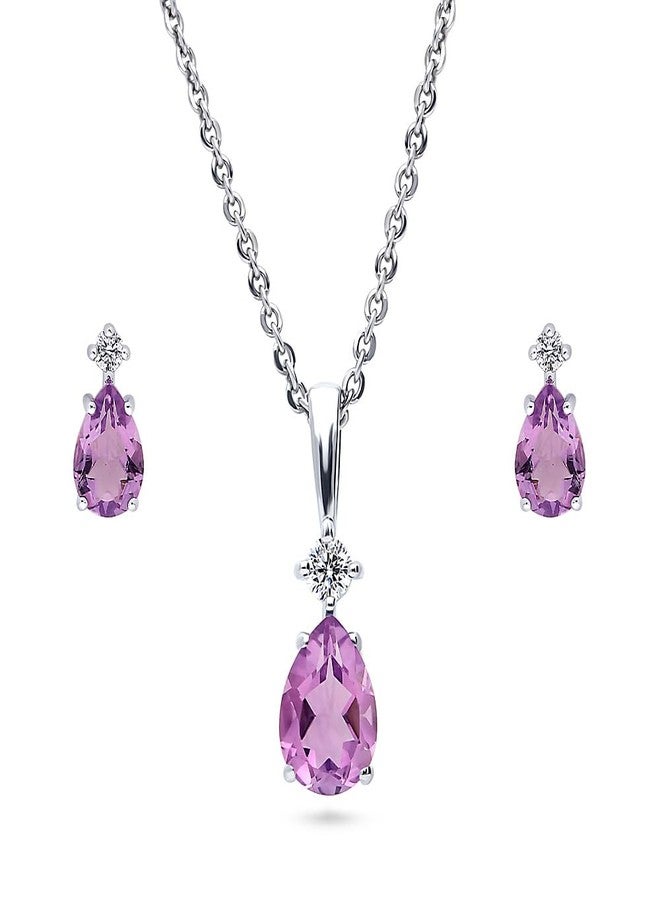 بيركيل طقم عقد وأقراط من الفضة الإسترلينية بيريكل، مرصع بحجر زركونيا مكعب بقصة كمثرى، مطلي بالروديوم، لون بنفسجي - Image 1