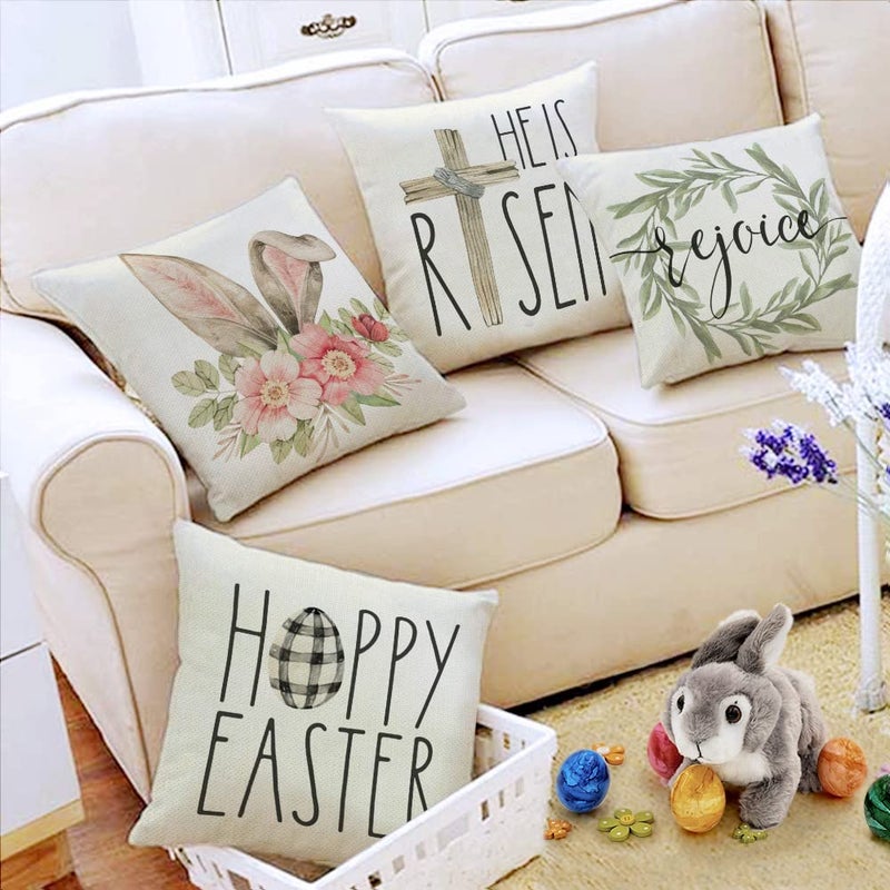 GEEORY Easter Pillow Covers - 18x18 Set of 4 Decorative Throw Pillows for Home - He is Risen Floral Bunny Buffalo Plaid Eggs Spring Farmhouse Decor - Image 4