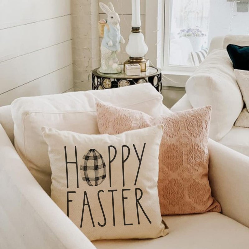 GEEORY Easter Pillow Covers - 18x18 Set of 4 Decorative Throw Pillows for Home - He is Risen Floral Bunny Buffalo Plaid Eggs Spring Farmhouse Decor - Image 5