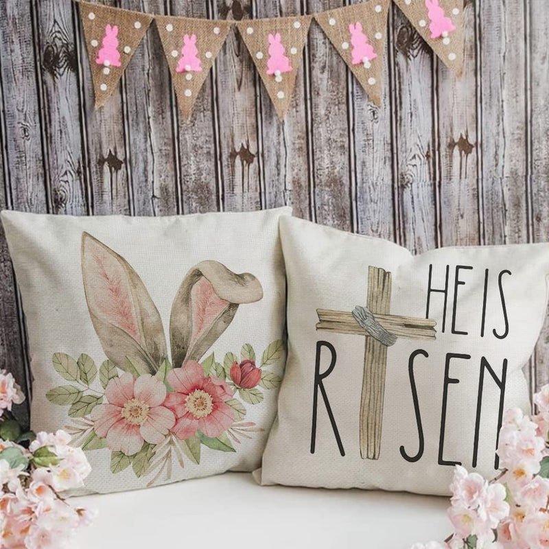 GEEORY Easter Pillow Covers - 18x18 Set of 4 Decorative Throw Pillows for Home - He is Risen Floral Bunny Buffalo Plaid Eggs Spring Farmhouse Decor - Image 2