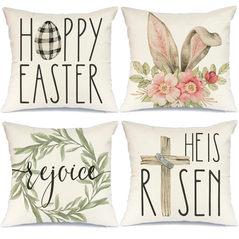 GEEORY Easter Pillow Covers - 18x18 Set of 4 Decorative Throw Pillows for Home - He is Risen Floral Bunny Buffalo Plaid Eggs Spring Farmhouse Decor - Image 1