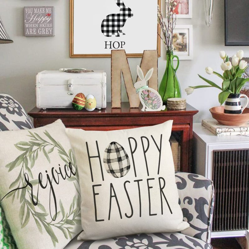 GEEORY Easter Pillow Covers - 18x18 Set of 4 Decorative Throw Pillows for Home - He is Risen Floral Bunny Buffalo Plaid Eggs Spring Farmhouse Decor - Image 3