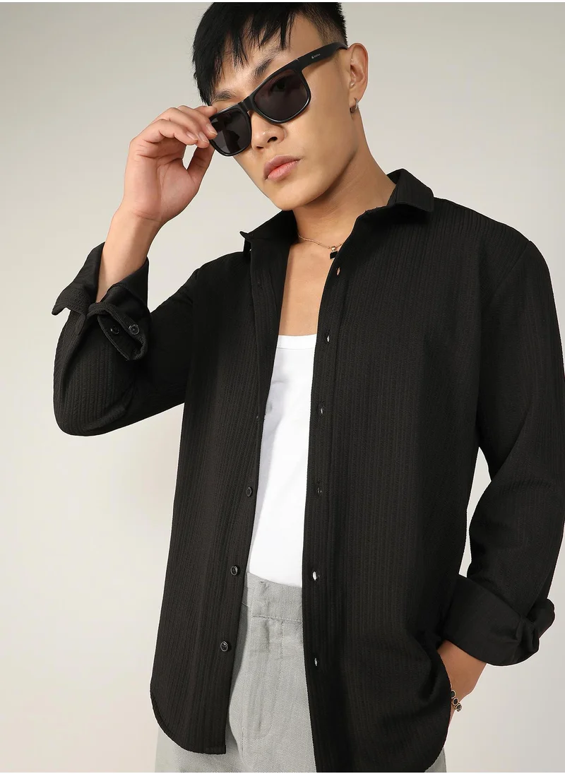 Campus Sutra Men's Onyx Black Stripe-Creased Shirt