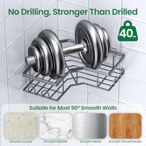 QHMCHLDZ Adhesive Shower Caddy, 2 Pack Corner Bath Organizer, Rustproof Stainless Steel Shower Shelves with Large Capacity, No Drilling Shelves for Bathroom Storage, Home, Kitchen Decor (Dark Grey). - Image 3