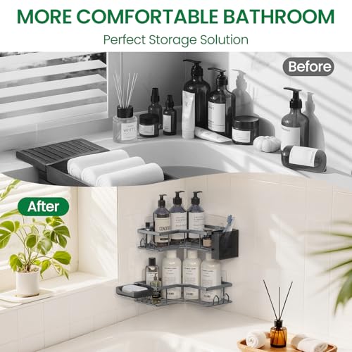 QHMCHLDZ Adhesive Shower Caddy, 2 Pack Corner Bath Organizer, Rustproof Stainless Steel Shower Shelves with Large Capacity, No Drilling Shelves for Bathroom Storage, Home, Kitchen Decor (Dark Grey). - Image 5