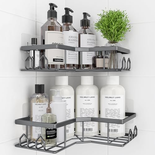 QHMCHLDZ Adhesive Shower Caddy, 2 Pack Corner Bath Organizer, Rustproof Stainless Steel Shower Shelves with Large Capacity, No Drilling Shelves for Bathroom Storage, Home, Kitchen Decor (Dark Grey). - Image 1