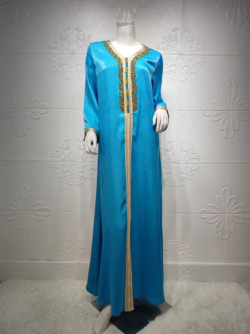 AB073 2026 Moroccan Velvet Rhinestone Dress with Ribbon Trim - Plus Size - Light Blue