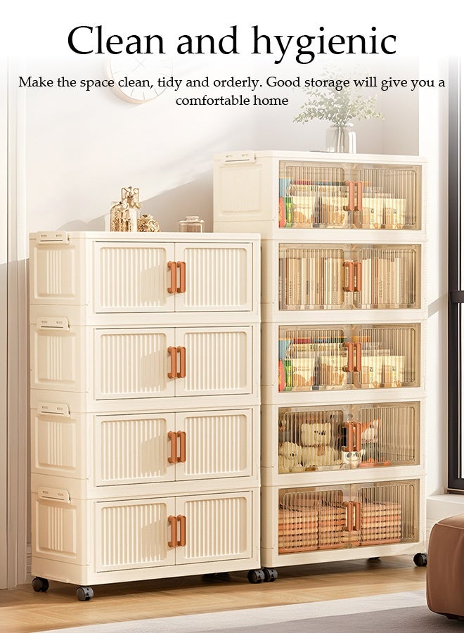 Spides 5 Tiers Foldable Storage Cabinet Multifunctional Double Door Stackable Plastic Storage Bins Cabinet with Wheels Large Capacity Thickened Multi-layer Storage Cabinet for Home, Office，Bedroom， Living Room， Study - Image 2