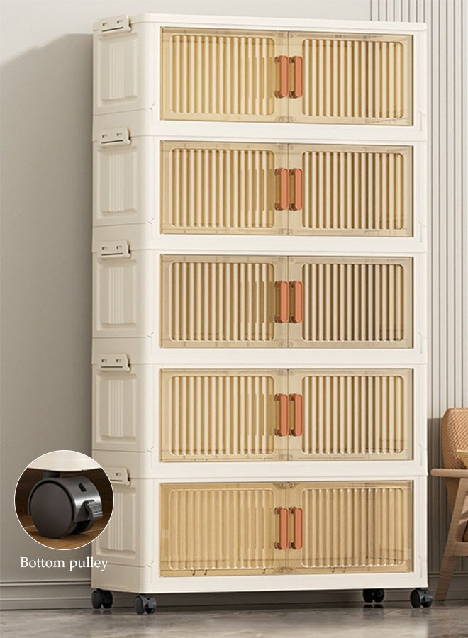 Spides 5 Tiers Foldable Storage Cabinet Multifunctional Double Door Stackable Plastic Storage Bins Cabinet with Wheels Large Capacity Thickened Multi-layer Storage Cabinet for Home, Office，Bedroom， Living Room， Study - Image 1