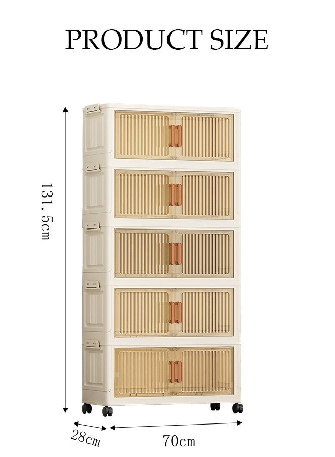 Spides 5 Tiers Foldable Storage Cabinet Multifunctional Double Door Stackable Plastic Storage Bins Cabinet with Wheels Large Capacity Thickened Multi-layer Storage Cabinet for Home, Office，Bedroom， Living Room， Study - Image 4