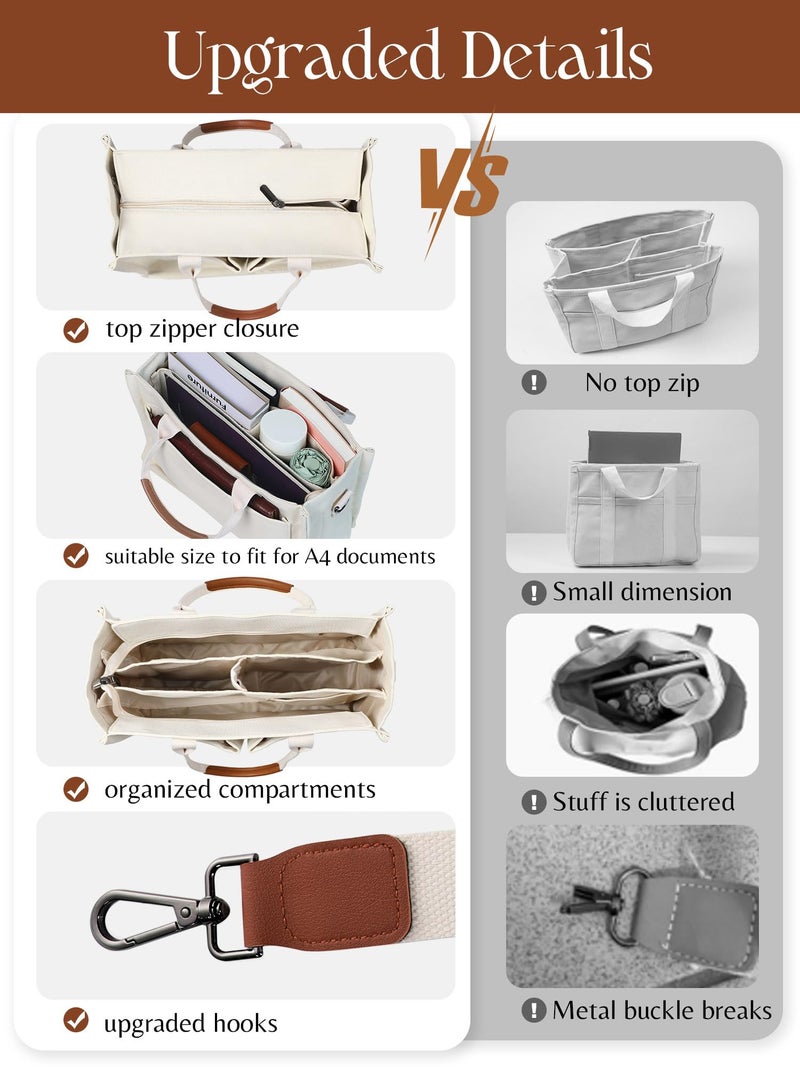 FIORETTO Canvas Tote Bag for Women with Zipper Closure & Individual Compartments for Work College, Crossbody Laptop Tote Purse Handbag with Detachable Strap & Bottom Support for Teacher & Nurse Beige - Image 2