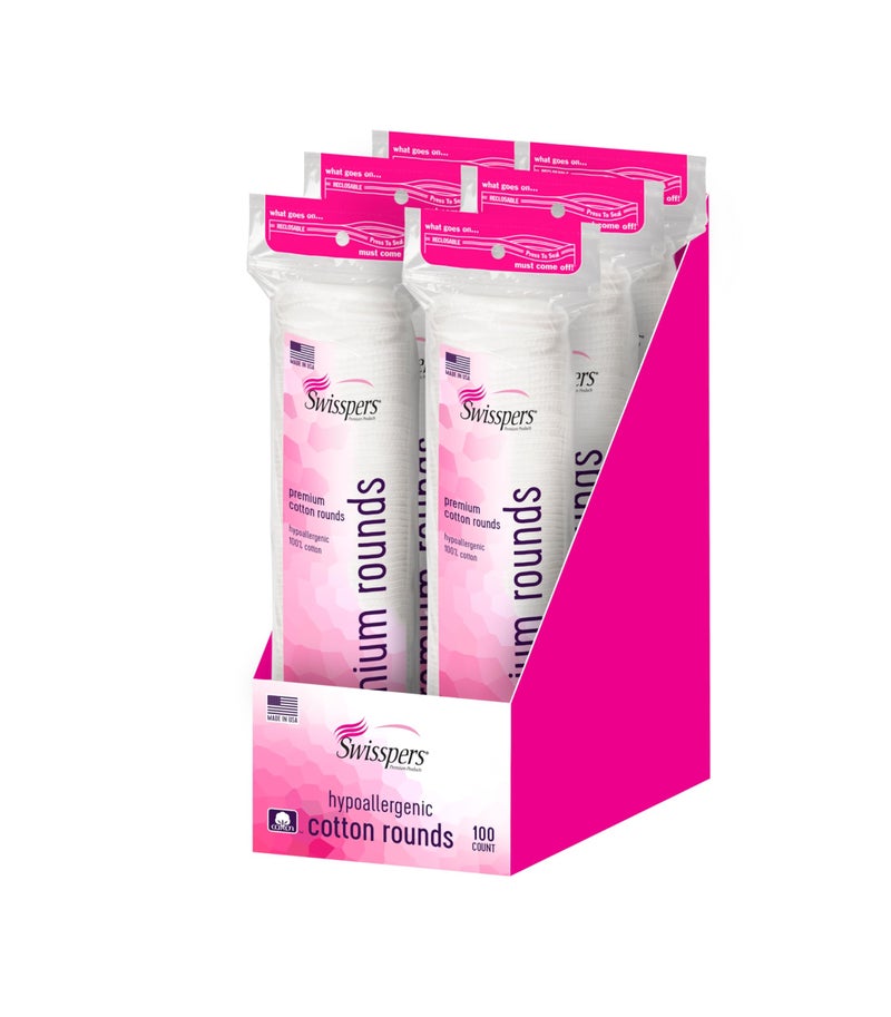 Swisspers Premium Cotton Rounds – 100 Count (Pack of 6) - 100% Pure Cotton - Soft, Absorbent, Hypoallergenic Pads for Makeup Removal, Skincare, Baby Care and Facial Cleansing - Lint Free - Image 1