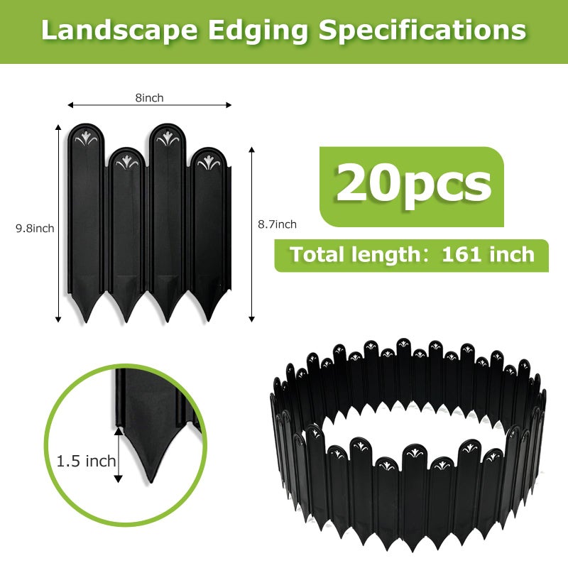 RUCOIN Garden Edging - 20pcs Plastic Garden Fence Edging,Single Piece Garden Fence Border Size:9.8 * 8inch, Decorative Lawn Landscape Panels Elements(Black) - Image 2