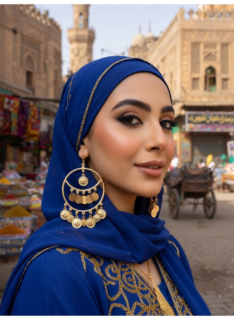 Julia Store 18K Gold Plated Metal Luxury Aesthetic Exquisite Traditional Oriental Vintage Upper-Egyptian Circle Coins Arabian Muslim Hoop Dangle Earrings For Women Jewelry Gift - Image 5