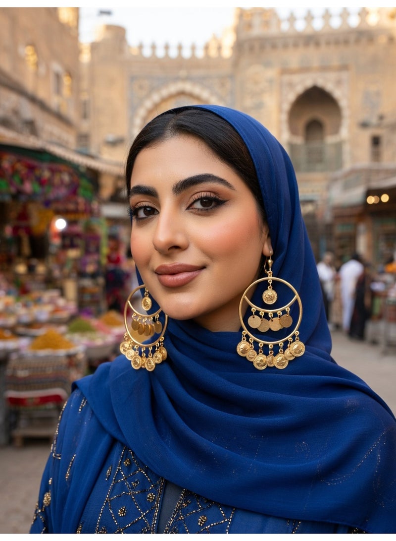 Julia Store 18K Gold Plated Metal Luxury Aesthetic Exquisite Traditional Oriental Vintage Upper-Egyptian Circle Coins Arabian Muslim Hoop Dangle Earrings For Women Jewelry Gift - Image 2