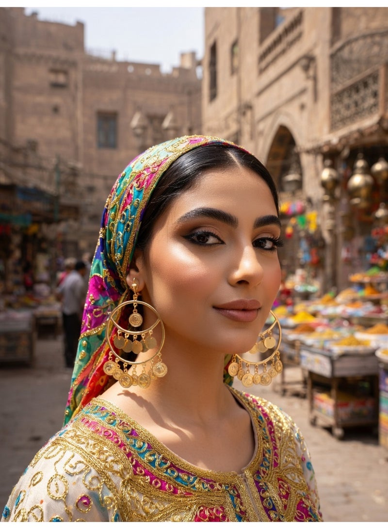 Julia Store 18K Gold Plated Metal Luxury Aesthetic Exquisite Traditional Oriental Vintage Upper-Egyptian Circle Coins Arabian Muslim Hoop Dangle Earrings For Women Jewelry Gift - Image 3