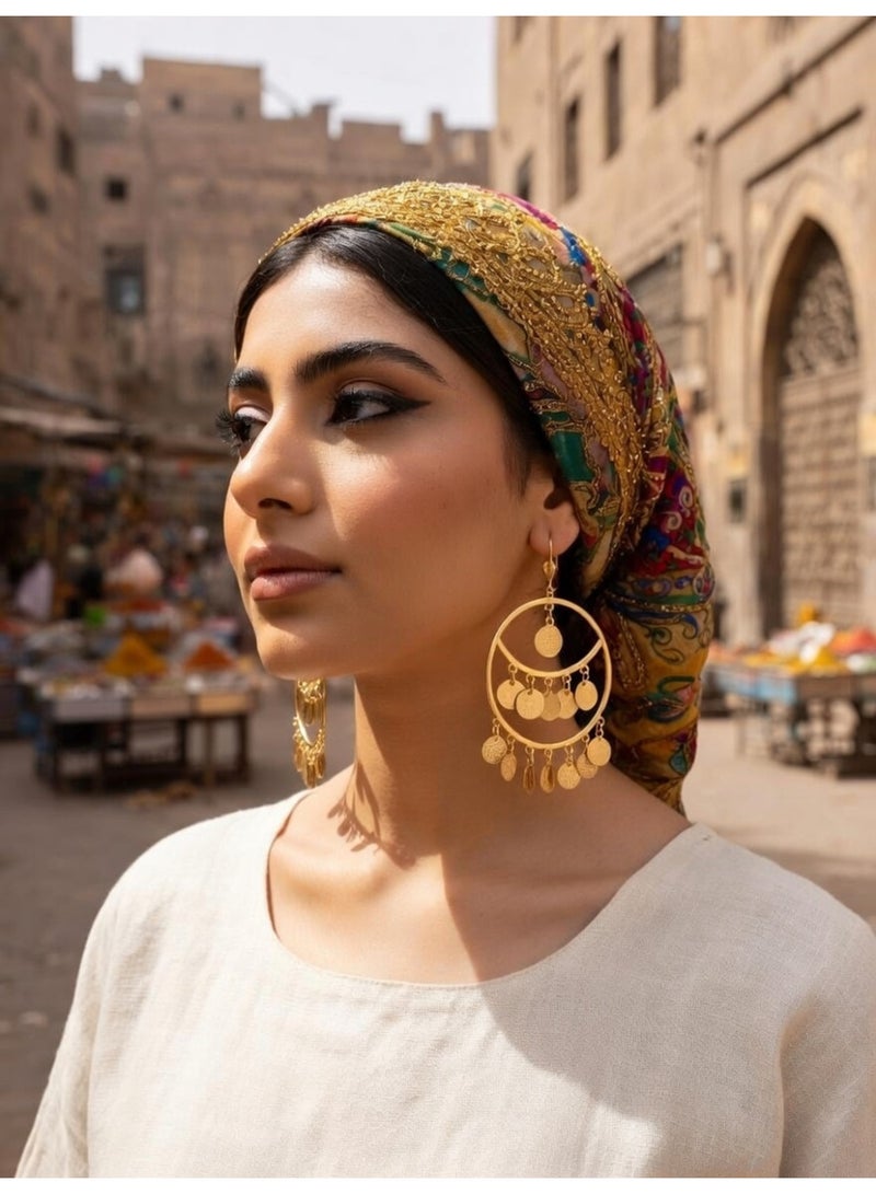 Julia Store 18K Gold Plated Metal Luxury Aesthetic Exquisite Traditional Oriental Vintage Upper-Egyptian Circle Coins Arabian Muslim Hoop Dangle Earrings For Women Jewelry Gift - Image 4