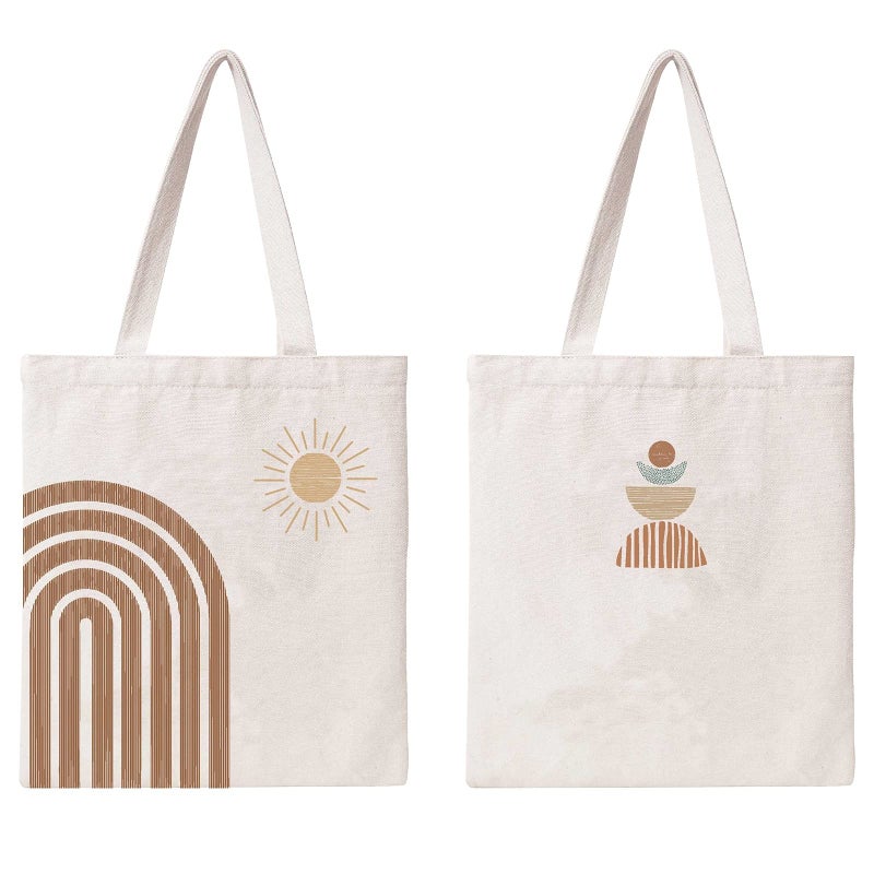 Kazova Kazova Cotton Canvas Tote Bag  Abstract Rainbow  Sun Design Minimalist Reusable Shopping Bag 
