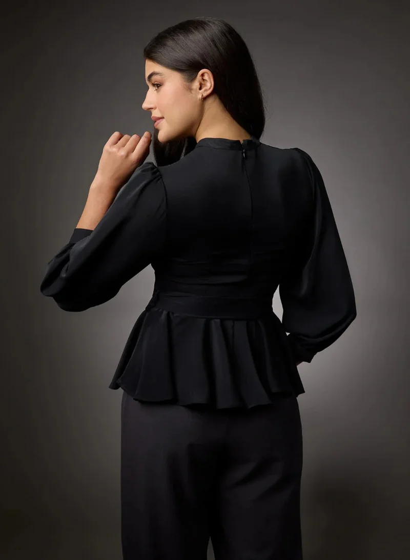 Zigzag Bishop Sleeve Belted Peplum Top-Black