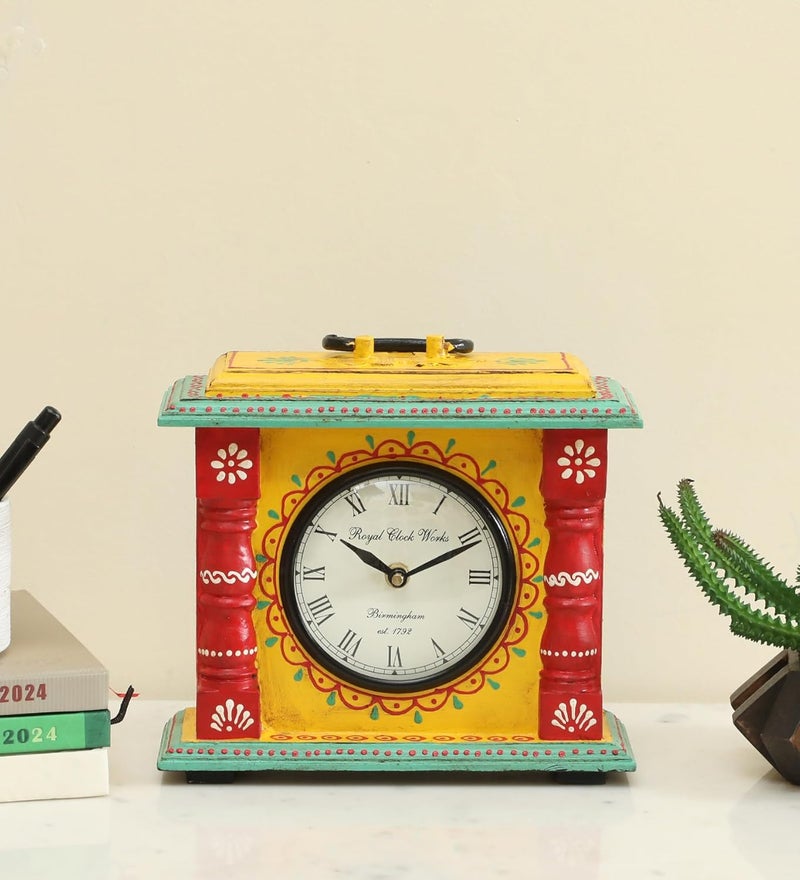 vedas Kyoto Hand Painted Silent Non Ticking Small Clock Battery Operated Simply Design for Bedroon Bedside Desk I Wooden Antique Desk Clock Size 85 x 9 Inches - Image 1