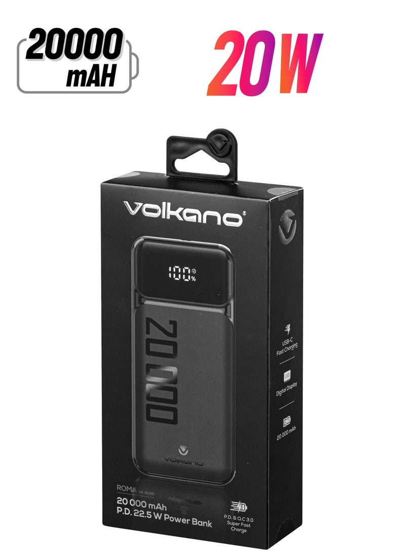 Volkano 20000 mAh Volkano Roma Series PD 22.5 W Power Bank – Simultaneous Charging for Smartphones, Tablets, Gaming Devices – Compact, Travel-Friendly Design, LED Digital Display, Black - Image 3