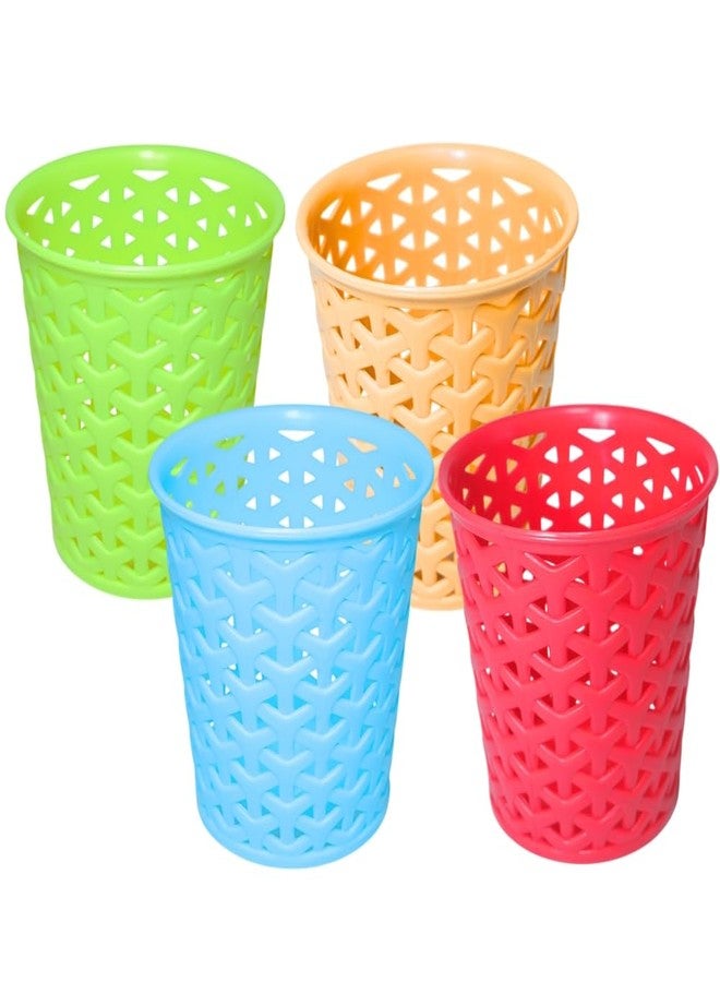 MORVI Linea Small Round Plastic Multipurpose Organizer For Kitchen, Bathroom, Salon, Office|Stationery,Cutlery,Pen,Makeup Brushes Holder|Hanging Toothbrush Stand |Pack Of 4 | GREEN RED BLUE PEACH - Image 1