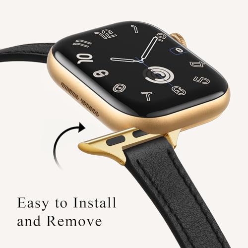 STIROLL Slim Leather Bands Compatible with Apple Watch Band 38mm 40mm 41mm 42mm(Series 11 10), Top Grain Leather Watch Thin Wristband for iWatch SE 9 8 7 6 5 4 3 2 1 (Black Gold) - Image 3