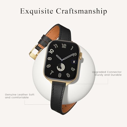 STIROLL Slim Leather Bands Compatible with Apple Watch Band 38mm 40mm 41mm 42mm(Series 11 10), Top Grain Leather Watch Thin Wristband for iWatch SE 9 8 7 6 5 4 3 2 1 (Black Gold) - Image 2