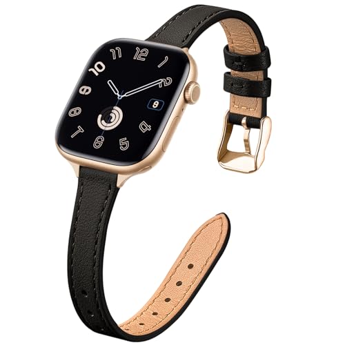 STIROLL Slim Leather Bands Compatible with Apple Watch Band 38mm 40mm 41mm 42mm(Series 11 10), Top Grain Leather Watch Thin Wristband for iWatch SE 9 8 7 6 5 4 3 2 1 (Black Gold) - Image 1