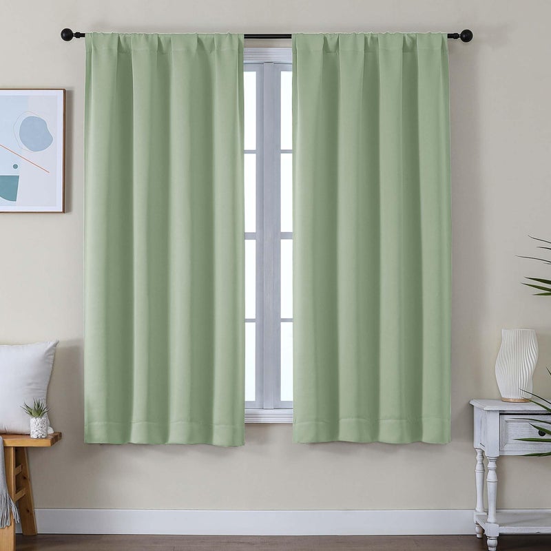 Simplebrand Ava Light Green Blackout Curtains for Bedroom 63 Inch Length 2 Panels Set, Solid Thermal Insulated Energy Saving Rod Pocket Window Treatment Curtains Blackout Drapes, W40 x L63 Inch - Image 1