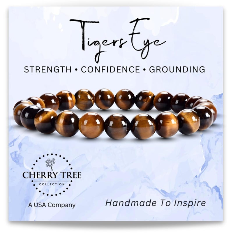 Cherry Tree Collection Tigers Eye Bracelet â€“ Gemstone Beads for Women & Men - Promote Protection, Courage, Focus, Balance & Good Luck â€“ Available in Small, Medium, Large Sizes â€“ 8mm Round Bead - Medium - Image 1