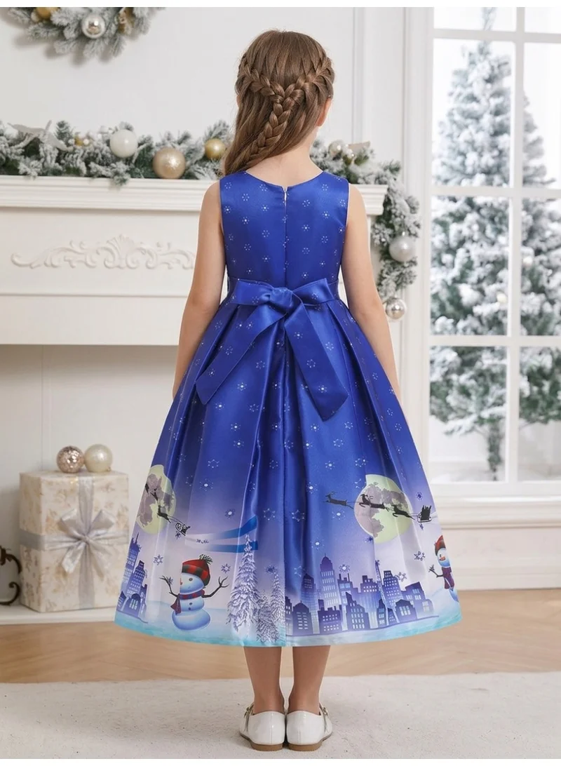 D'daniela Christmas Girl Royal Blue Printed Santa Dress